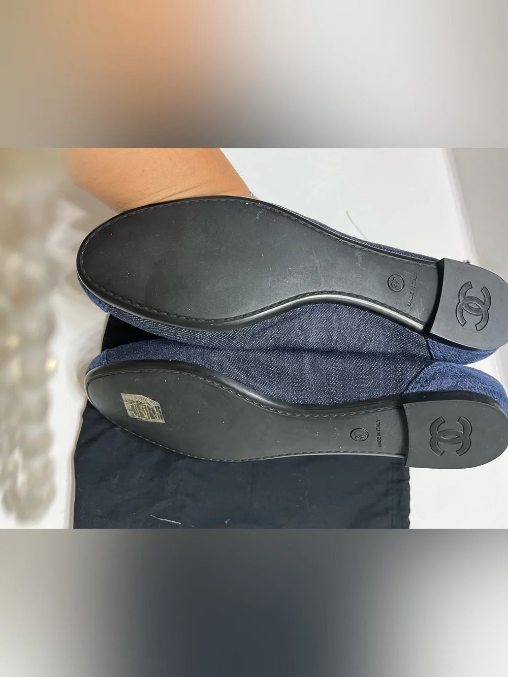CHANEL Navy Denim Round-Toe Flat Pump